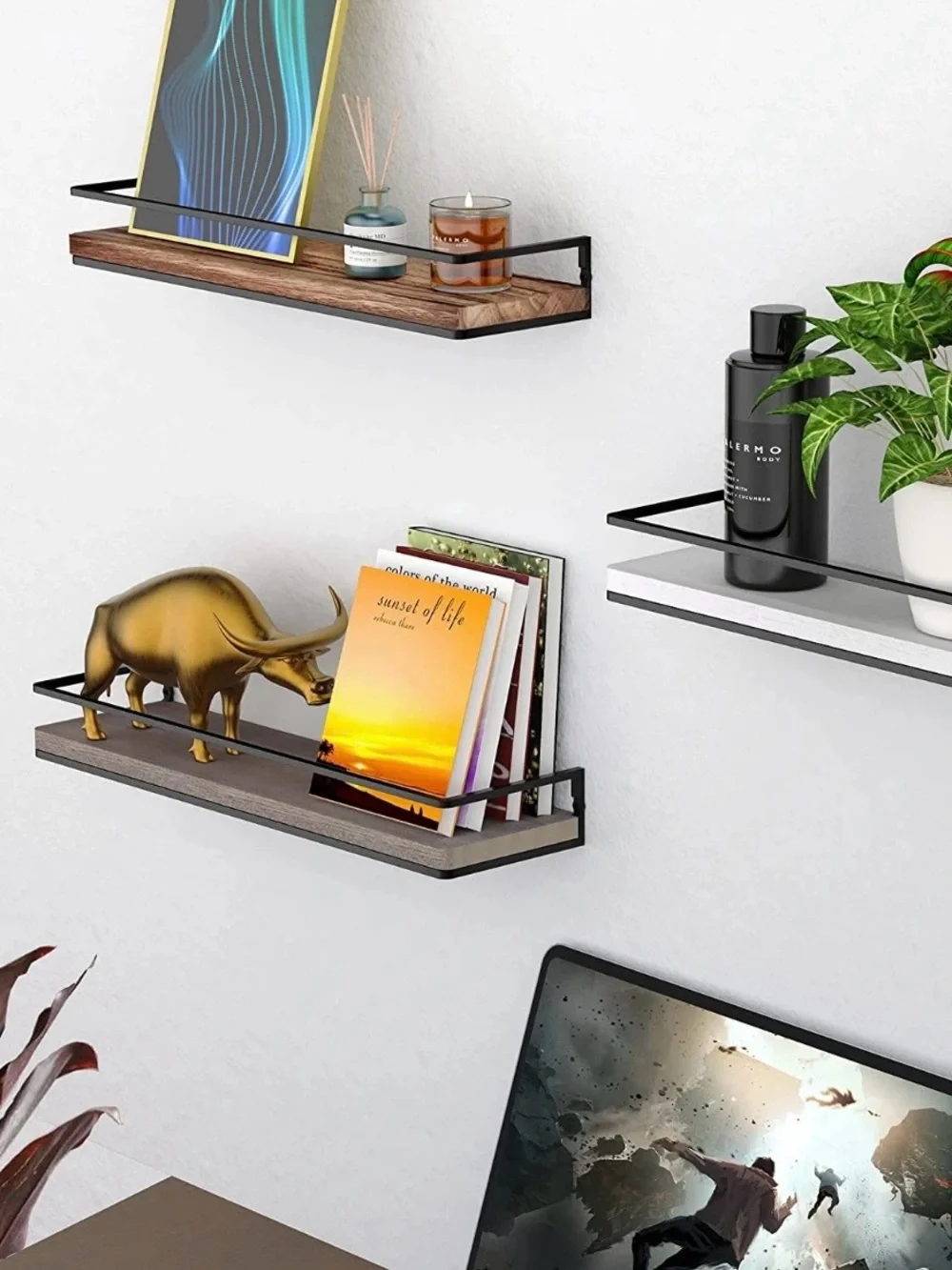 Meangood Floating Shelves Wall Mounted Set of 2, Rustic Wood Wall Storage Shelve